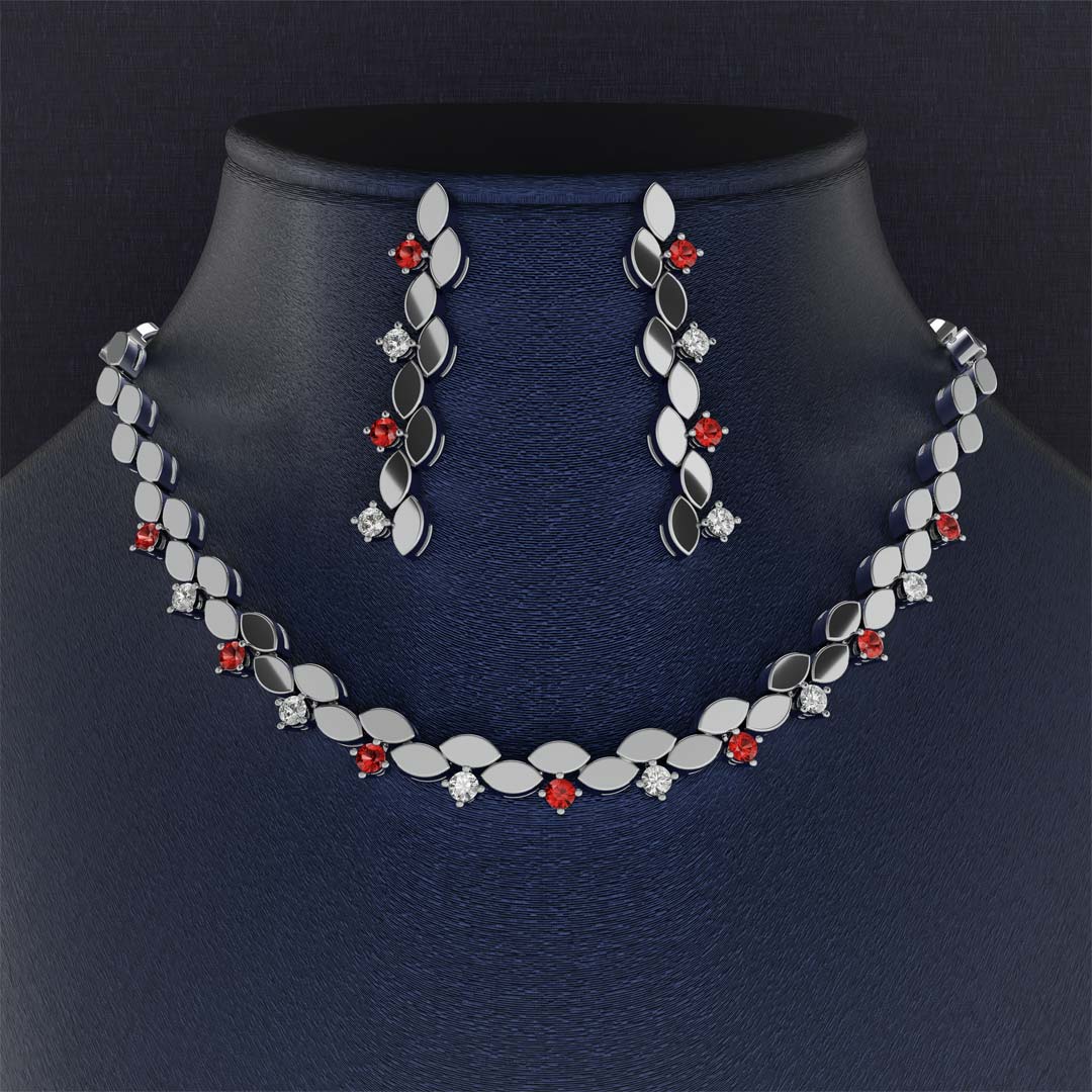Bridal Diamond and Ruby Jewelry Set Code 21064-21063-21062